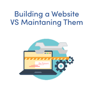 Building a website VS maintaining a website: laptop with gears and wrenches