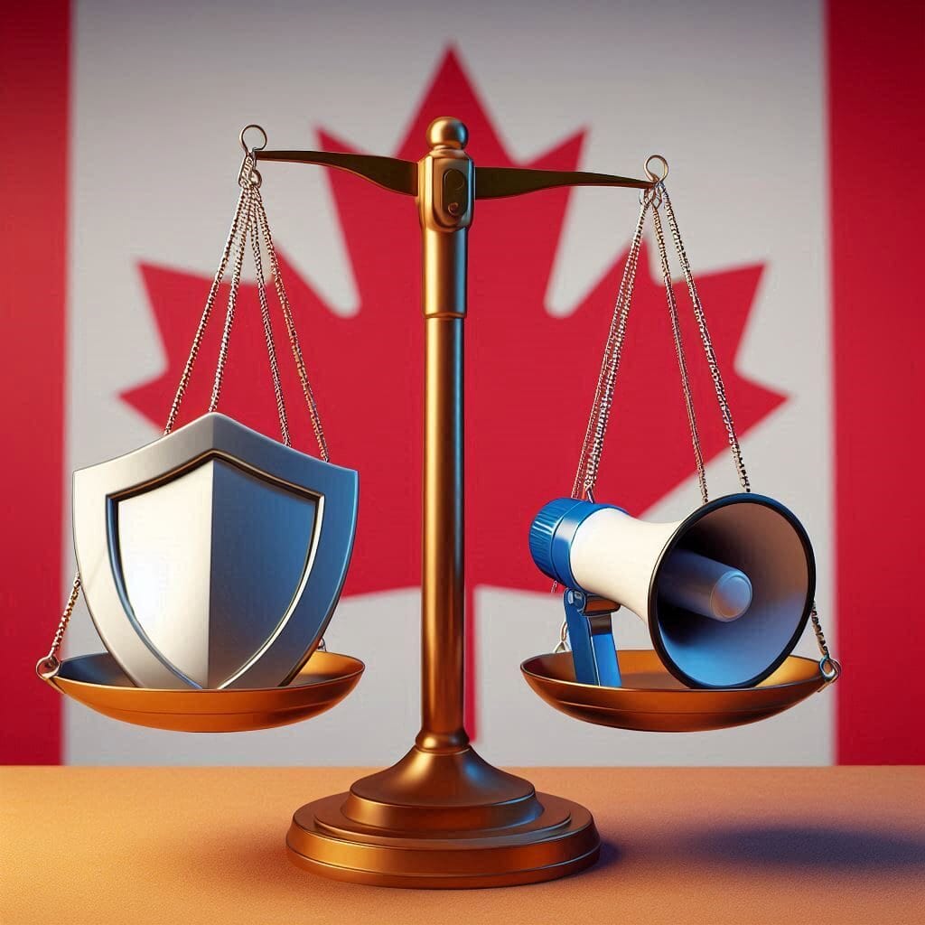 Bill C63 Canada Online Harms Act represented by scales of justice with a shield on one side and a megaphone on the other in front of a Canadian flag.